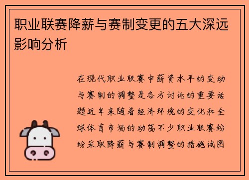 职业联赛降薪与赛制变更的五大深远影响分析